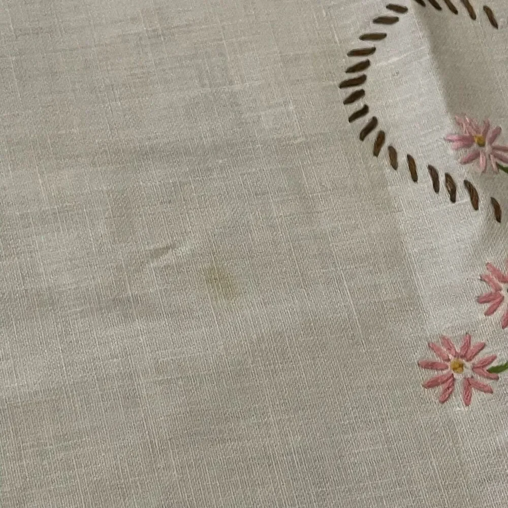 Vtg Hand Embroidered Tablecloth Flower Basket Floral Cottage Farm 49x49.5”